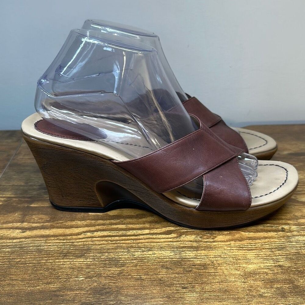 Dansko‎ Brown Leather Crisscross Wedge Sandals Womens Slide Open Toe Wood Grain